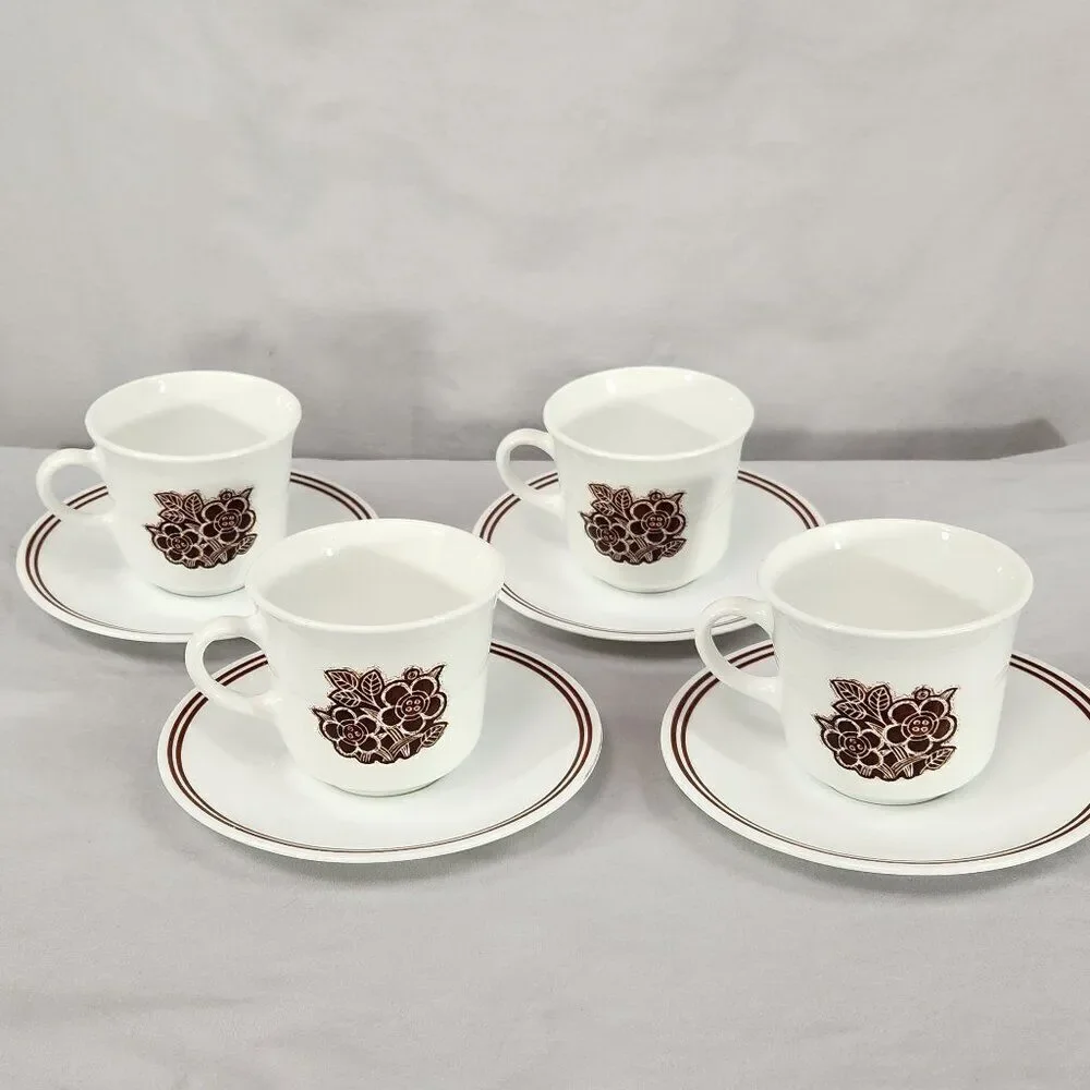 Set of 4 Corelle Batik Coffee Cups & Saucers Vintage Brown Stripes & Flowers